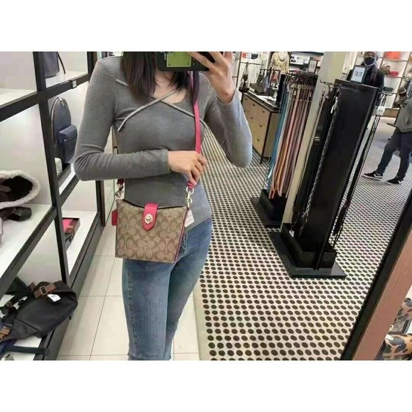 NWT Coach c2817 Addie Crossbody In Signature Canvas Khaki Fuschia Org $328 - Picture 8 of 12